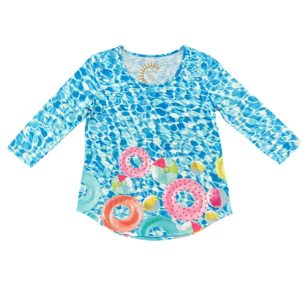 Sun Bay Womens 3/4 Sleeve Top Size S Blue Novelty Print Art to Wear Beach Summer